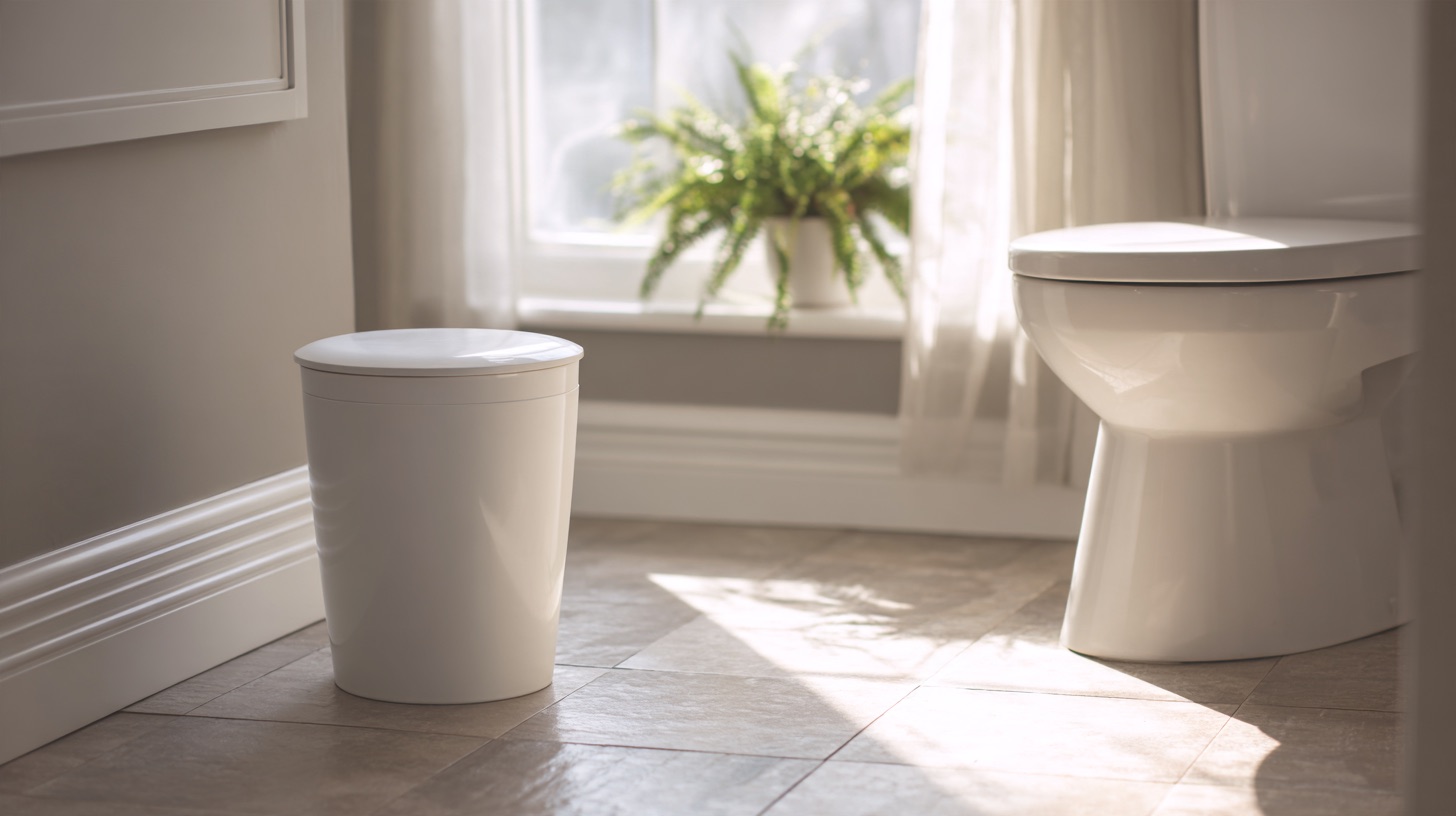 Small white lidded trash bin on the tile floor beside a white toilet in a bright bathroom lit by a side window