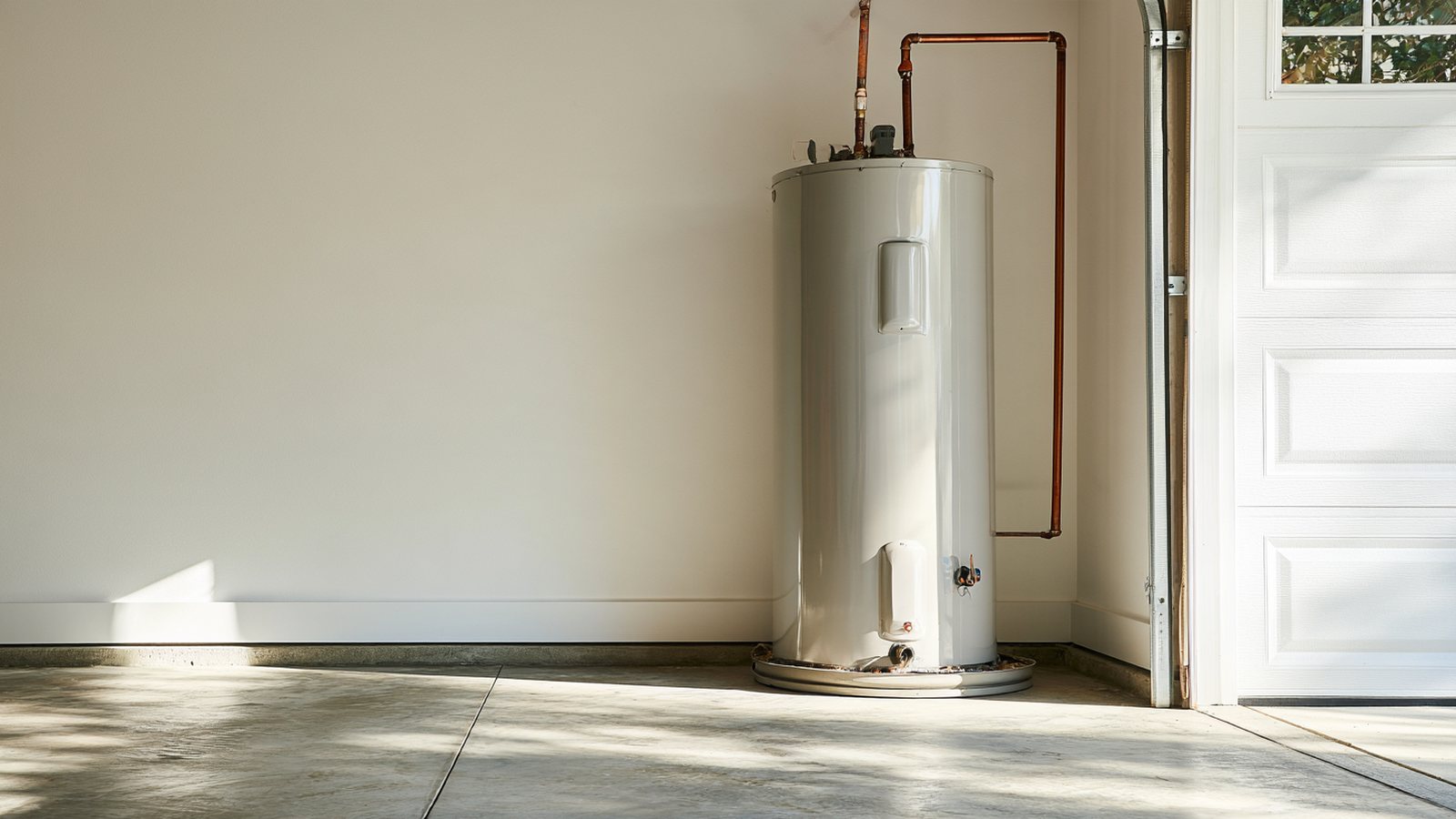Residential water heater standing on the concrete floor of a bright Lowcountry garage, with copper supply lines above it and daylight from the open garage door